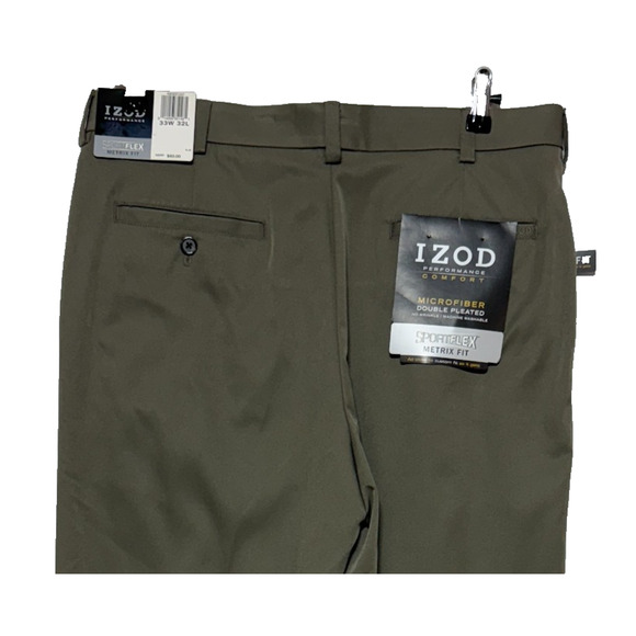 Izod Pants Mens Green 33X32 Performance SportFlex Double Pleated Metrix Fit NWT - Picture 6 of 11